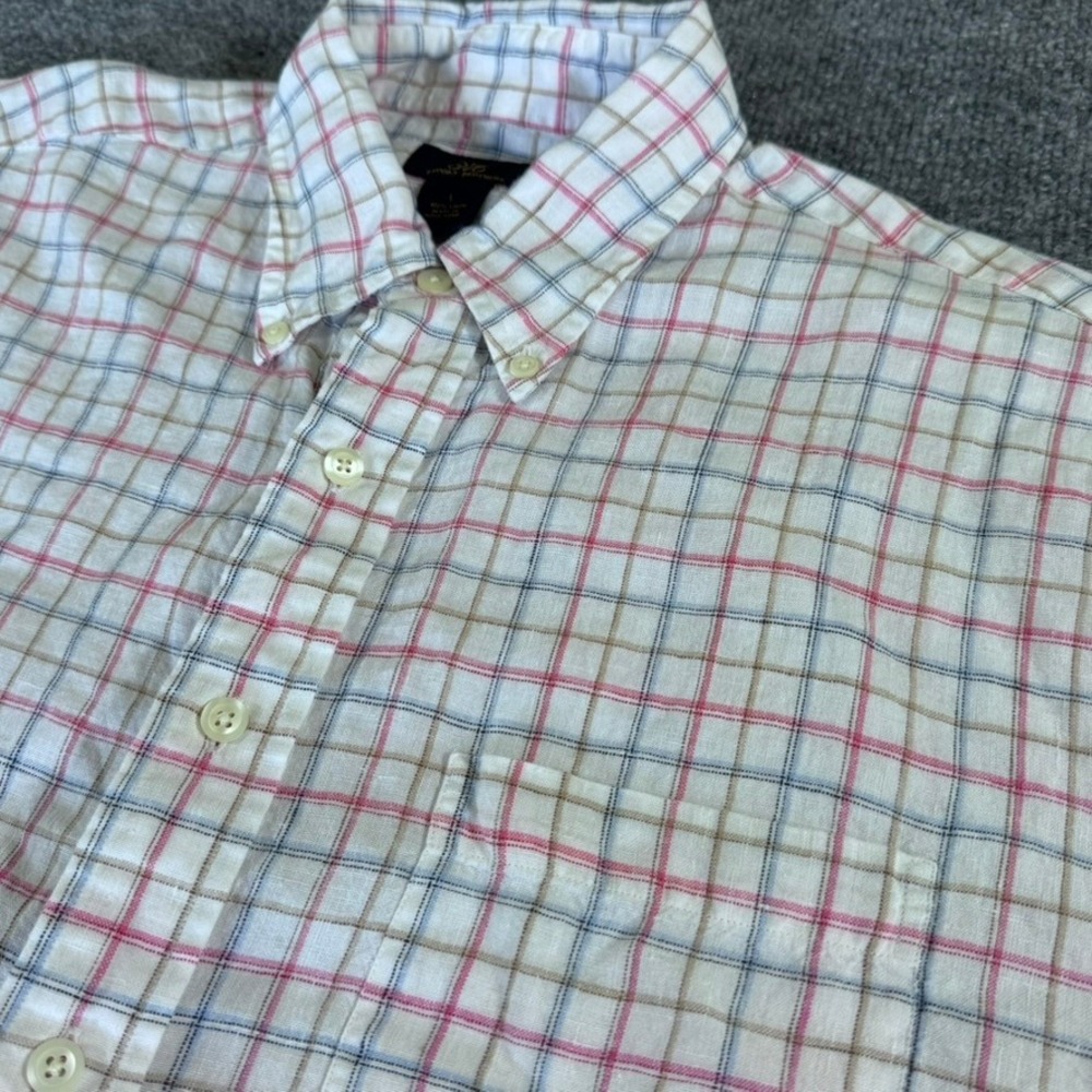 Brooks Bros 346 Shirt Men L Tattersall 100% Linen Button Down Pink Blue Plaid